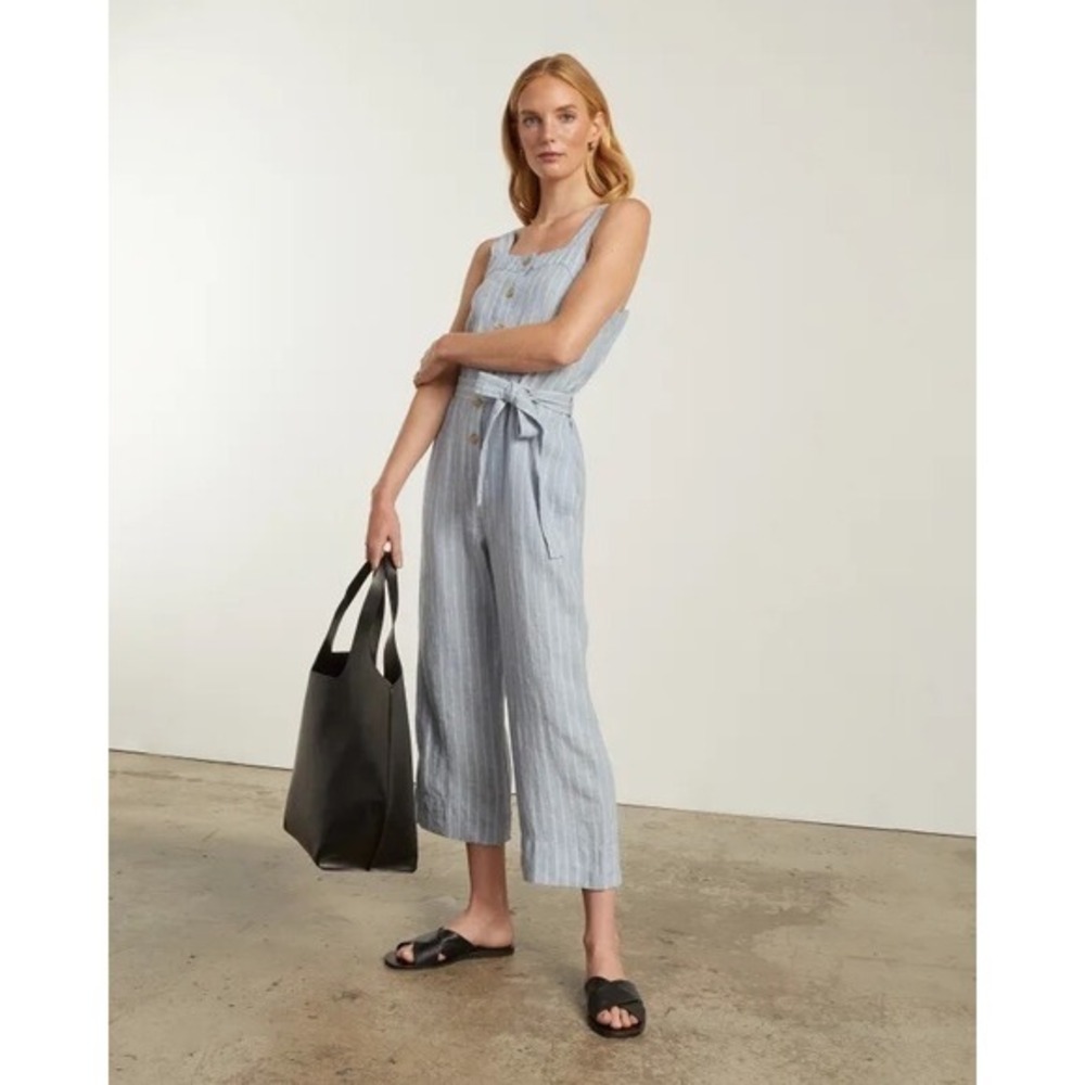 Everlane Jumpsuit Blue White Pinstripe Linen Blend Wide Leg Sleeveless